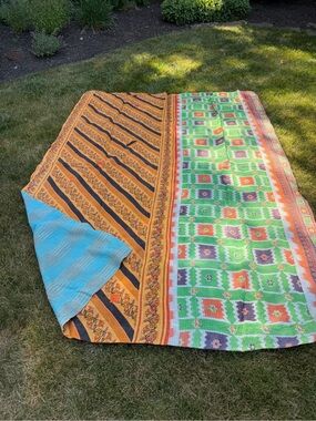 Vibrant Vintage Kantha Quilt Patchwork Throw Geometric Striped Boho